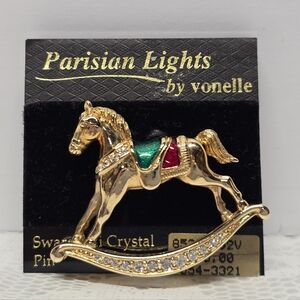 Vintage 1990s Swarovski Rocking Horse Crystal Brooch Gold-Tone & Enamel Pin NWT